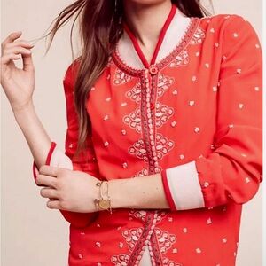 Anthropologie Conditions Apply Arabella Embroidered Red Bomber Jacket Boho